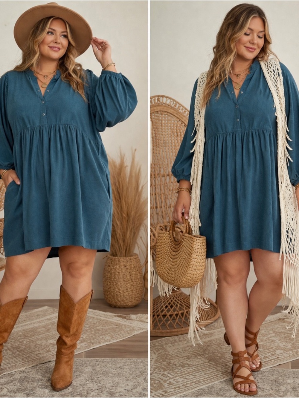 Plus Size Teal Babydoll Mini Dress with Puff Sleeves 06-0206